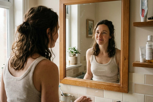 Femme devant un miroir le matin, visage gonflé au réveil