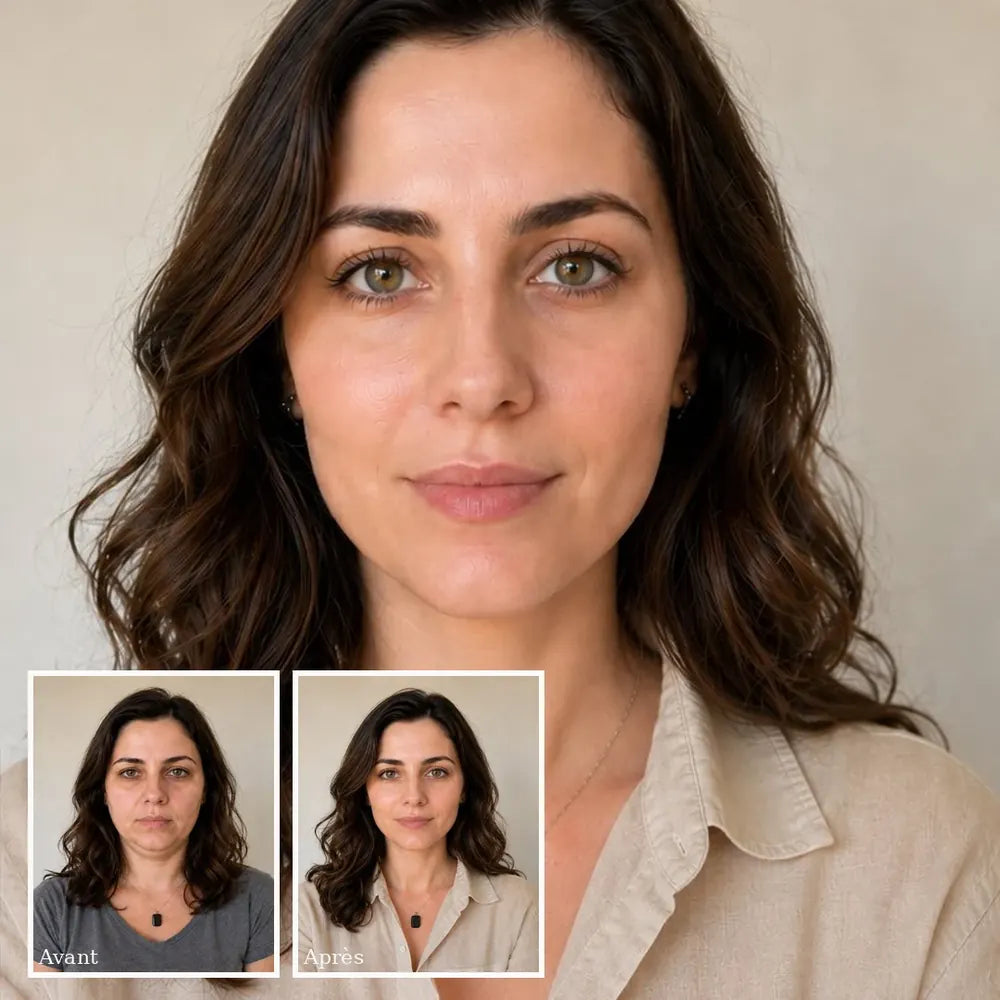 Femme utilisant la brosse GlowSculpt pour drainage lymphatique mâchoire, résultats avant après visage sculpté